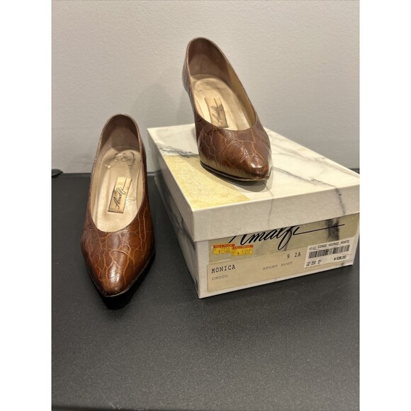 Vintage AMALFI Brown Leather Croco Textured MONICA Heels Womens 9AA Italy-B124 - Picture 1 of 11